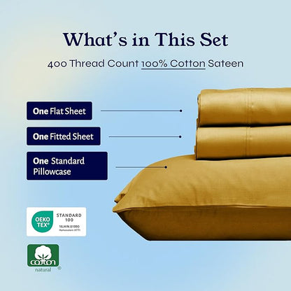 California Design Den Twin XL Sheet Sets - 400 Thread Count Sateen, 100% Cotton Sheets, Deep Pockets, Cooling and Durable Bedding for Dorm Rooms & Adults - Golden Mustard