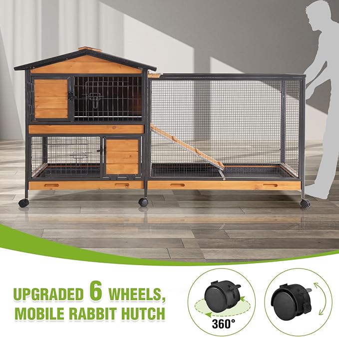 GUTINNEEN 2-Story Rabbit Hutch with Chew-Proof Full Metal Frame for Indoor/Outdoor - 62" Bunny Cage with 6 Locking Casters & 2 Pull-Out Trays for Rabbits, Guinea Pigs, Small Pets (Brown)-Mewly Pet