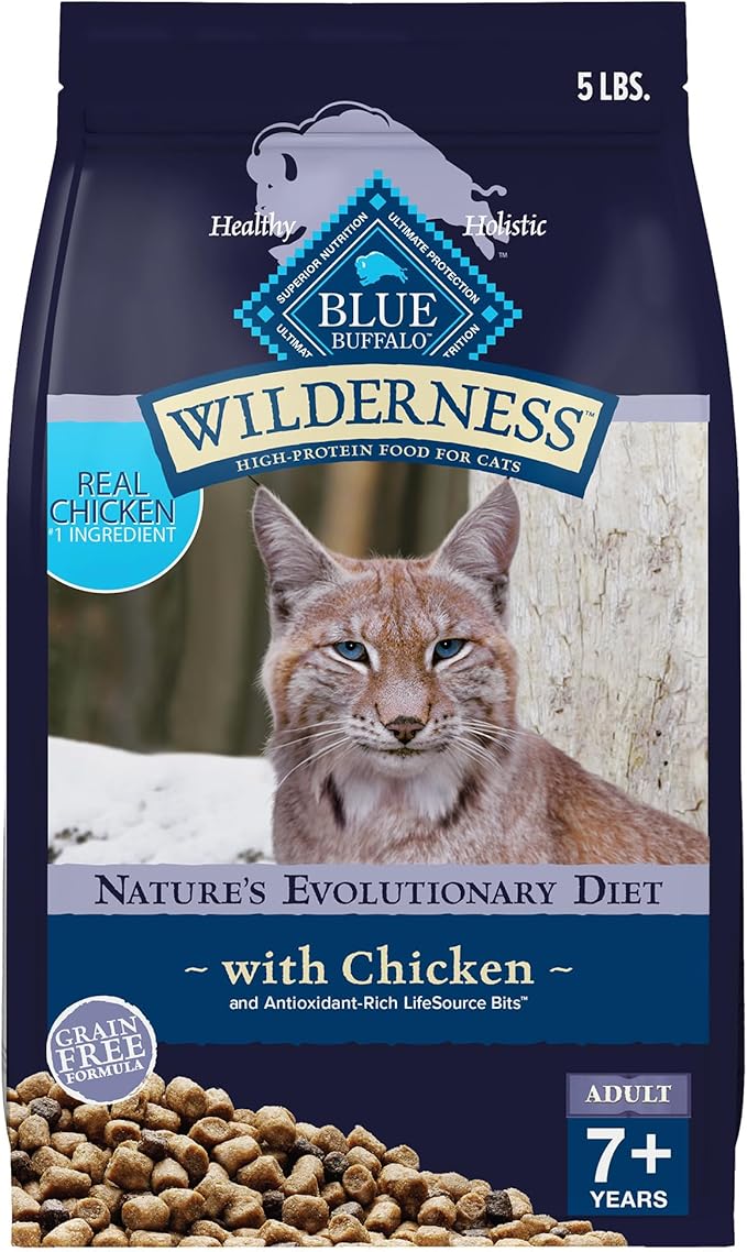 Blue Buffalo Wilderness Natural Mature Dry Cat Food for Cats 7+ Years, High-Protein and Grain-Free Diet, Supports Immune System Health and Energy to Stay Active, Chicken, 5-lb. Bag-Mewly Pet