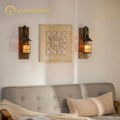 Wall Sconces Candle Holder: Set of 2 Farmhouse Wall Lantern Decor Wood Brown Decorations Indoor for Living Room Front Door Porch