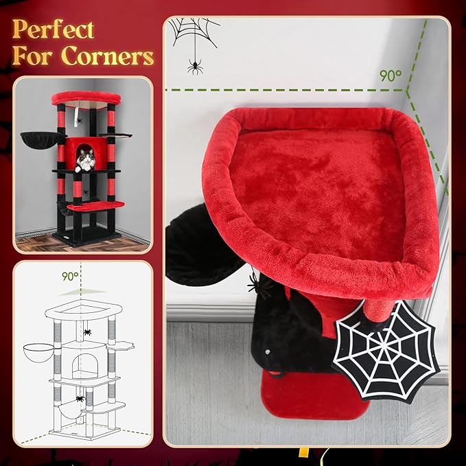 Globlazer Gothic Corner Cat Tree Tower with Scratching Post for Indoor Cats, 51inch Goth Cat Condo Tower with Large Hammock, Fan-Shaped Padded Perch, Spacious Cat Cave, Hanging Basket, C51, Red Black-Mewly Pet