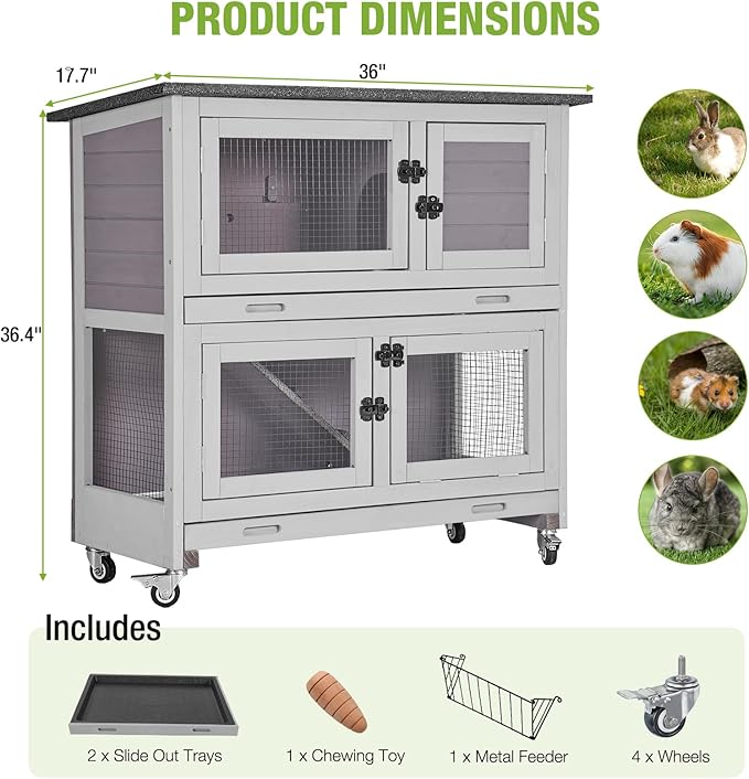 Gutinneen 2-Story Rabbit Hutch with Chew-Proof Ramp, 36" Indoor/Outdoor Rabbit Cage with 4 Casters & 2 Pull-Out Trays, Wooden Bunny Hutch Leakproof Small Animal Cage for Rabbits, Guinea Pigs-Mewly Pet