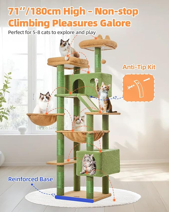 Taoqimiao Cactus Cat Tree, 71-Inch Cat Tower for Indoor Cats Large Adult, Multi-Level Large Cat Condo, 8 Sisal Scratching Posts, Metal Frame Cozy Hammock, Scratch Board, 2 Top Perches, MSC026L-Mewly Pet