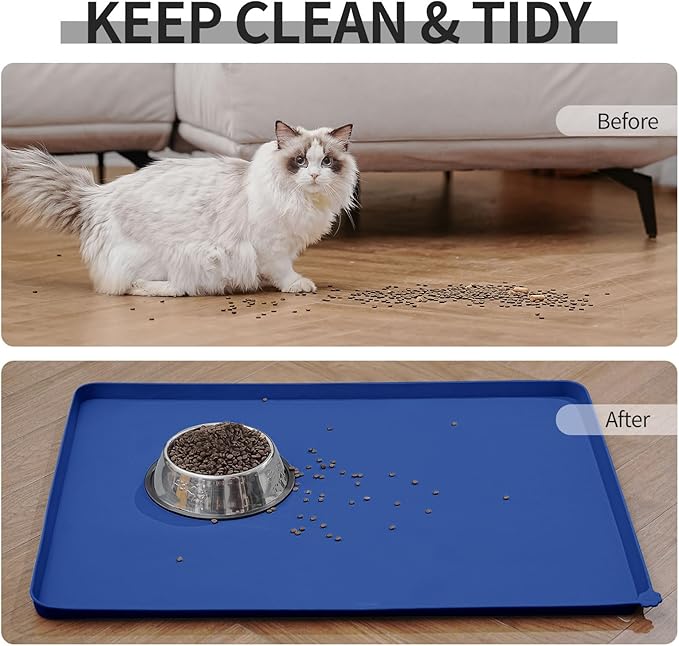 Waterproof Pet Feeding Mat with High Raised Edges, Heavier and Thicker Placemats for Cat Dog Water Bowl with BPA Free, Dogs Cats Food Mats for Messy Drinkers to Prevent Spill and Protect Floors-Mewly Pet