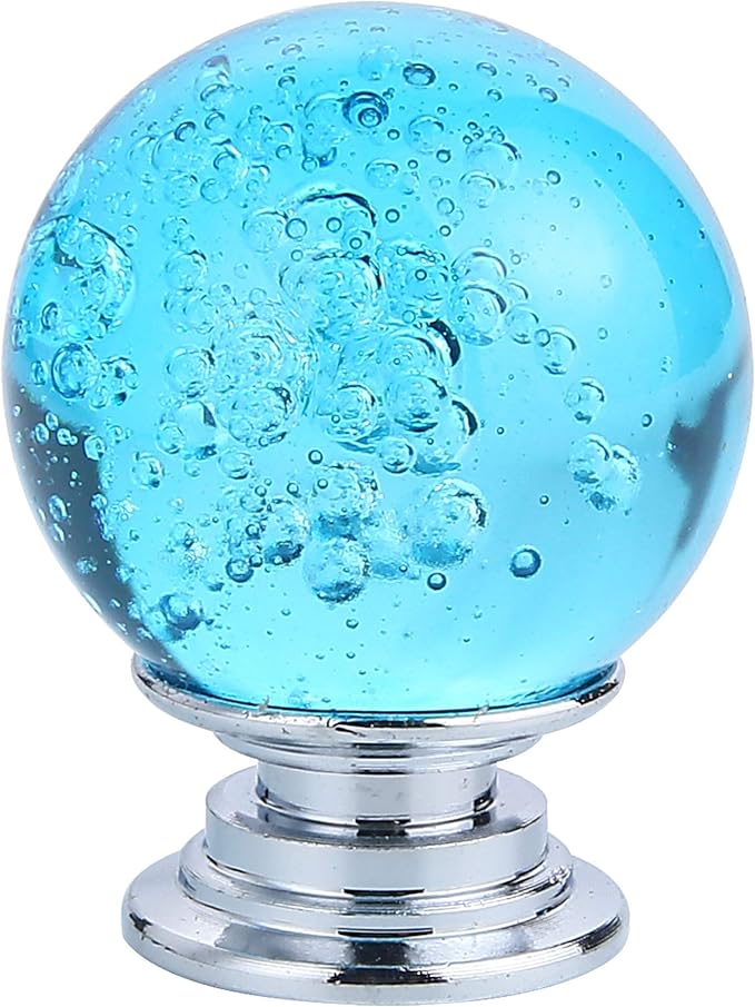 IEIK10 PCS Crystal Cabinet Knobs Azure Blue Round Glass Bubbles Knobs Smooth Drawer Pulls Handle for Home, Cabinet, Drawer and Dresser with 3 Different Size Screws, 30MM (Aqua Blue)