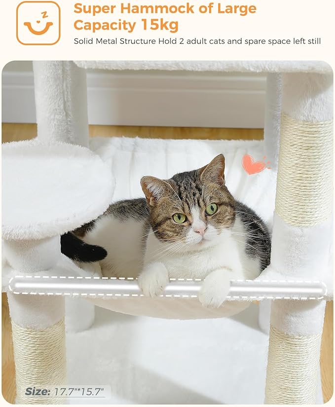 White Cat Tree for Indoor Cats, 45.7" Multi-Level Cat Tower with Large Metal Frame Hammock, Cat Condo with 4 Scratching Posts and Top Perch, White-Mewly Pet