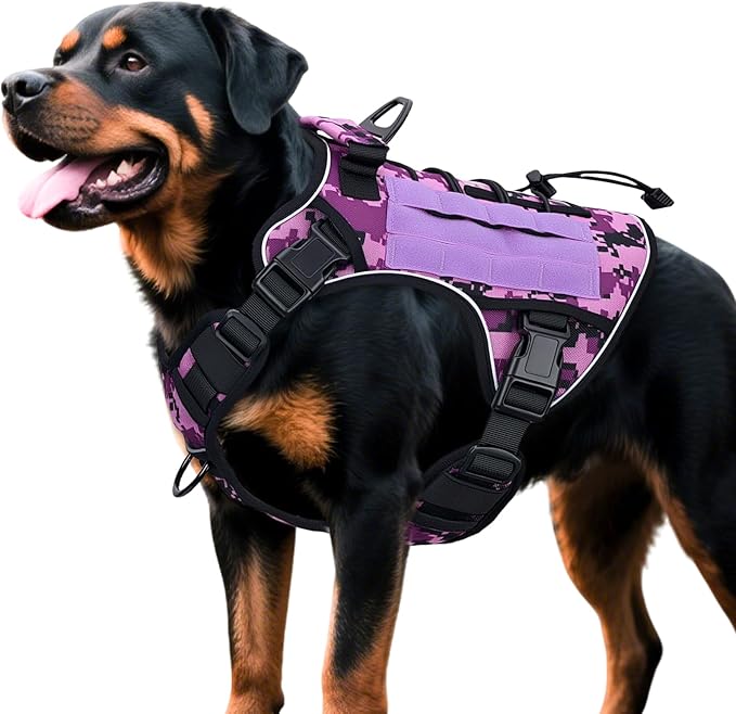 Heavy-Duty Tactical Dog Harness for Large Dogs, No Pull Adjustable Reflective Pet Vest with Molle System, K9 Military-Grade Control for Service Training, Outdoor & 10+ Breeds, Purple Camo, XX-Large-Mewly Pet