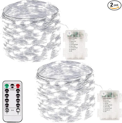 2 Pack 100 LED Fairy Lights Battery Operated with Remote, 33FT Waterproof Twinkle Lights with Timer & 8 Modes, Fairy String Light Outdoor Indoor for Bedroom Classroom DIY Christmas Decor (Cool White)