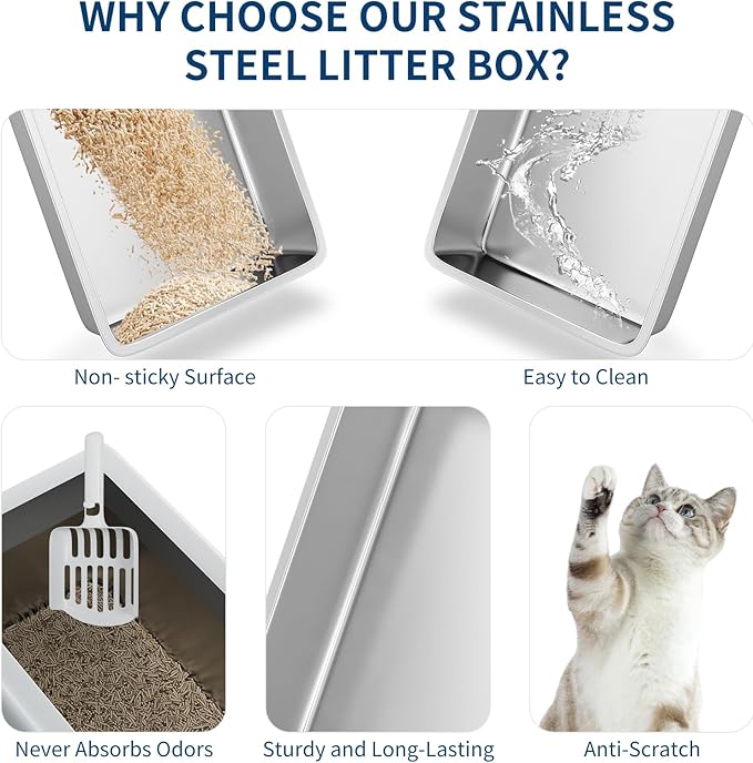 Stainless Steel Cat Litter Box 6 inch, XXL Large Cat Litter Tray with High Side, Platform Step and Scoop for Big Cats Multiple Cats, Easy Clean-Mewly Pet