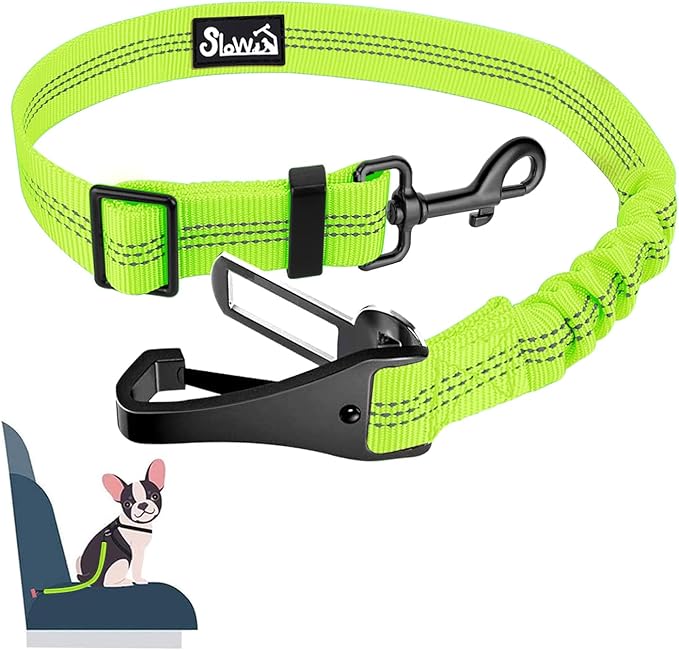 SlowTon Dog Seat Belt, Adjustable Dog Safety Belt Leash, 2 in 1 Latch Bar Attachment Dog Car Seatbelt with Elastic Nylon Bungee Buffer, Reflective Nylon Belt Tether (Lime)-Mewly Pet