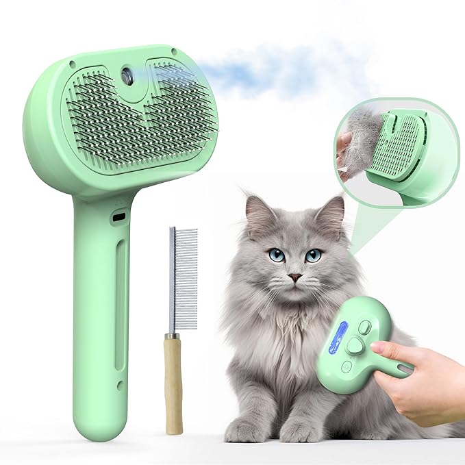 Pet Grooming Brush with Electronic Mist Spray - Gentle Deshedding Tool for Cats & Dogs, Pet Steam Brush，Reduces Shedding, Soft Bristles, Promotes Healthy Coat-Comes with a hair smoothing comb-Greener-Mewly Pet