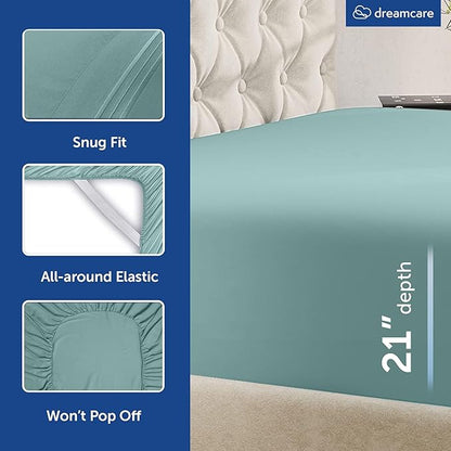 DREAMCARE Queen Sheet Set – 4 pcs Cooling Sheets – up to 21” Extra Deep Pocket Queen Sheets – Hotel Luxury Sheets & Pillowcases – Superior Softness 100% Microfiber with Side Pocket - Spa Blue