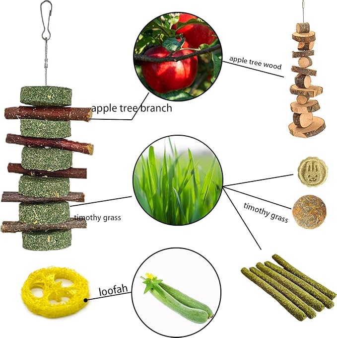 Grddaef 20 PCS Bunny Chew Toys for Teeth, Natural Rabbit Toys Apple Wood Grass Timothy Sticks Chew and Treat for Guinea Pigs Hamster Chinchillas-Mewly Pet