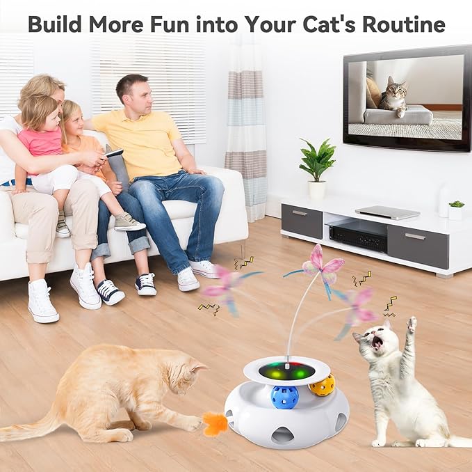 3in1 Interactive Cat Toys Moving Ambush Feather, Spinning Butterfly, Track Balls, Rechargeable Automatic Activated Kitten Toys for Indoor Cats, Cat Feather Toy for All Breeds-Mewly Pet