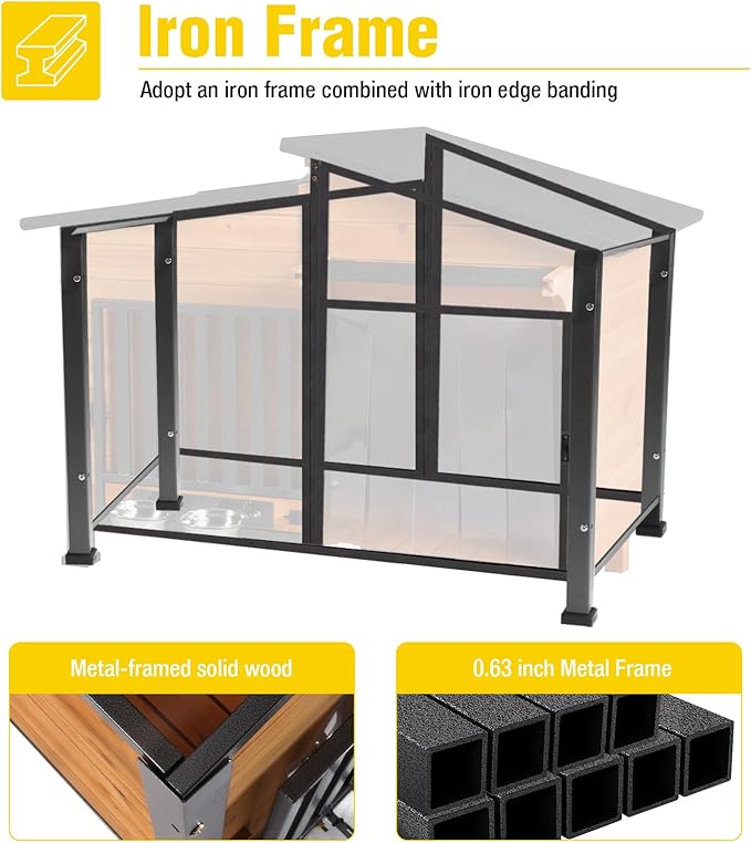 Chew-Resistant Dog House with Metal Frame, Wooden Kennel for Indoor & Outdoor Use, Waterproof Roof & Feeding Bowls Included (Wood, L)-Mewly Pet