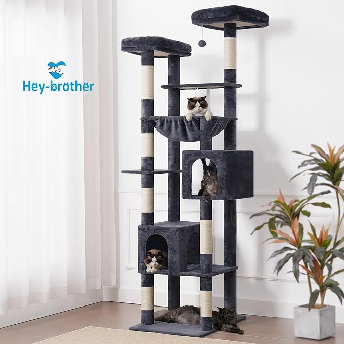 Hey-brother Tall Cat Tree Tower, Heavy Duty Scratching Posts with Large Platforms, Cozy Condos, Big Hammock, Toy Balls, Multi-Level Furniture for Indoor Adult Cats, 80.7 Inches, Smoky Gray MPJ039G-Mewly Pet