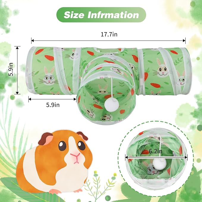 Rypet Guinea Pig Tunnel 3 Way Collapsible Small Pet Tunnels and Tubes with Interactive Ball for Baby Rabbit Ferret Hamster Chinchilla Hedgehog Hiding and Resting-Green-Mewly Pet