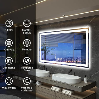 60"x 40" LED Bathroom Mirror with Lights, Front and Backlight, Dimmable Smart Mirror Bathroom, Anti-Fog, 3 Colors Lighted Bathroom Vanity Mirror for Wall Tempered Glass (Horizontal/Vertical)