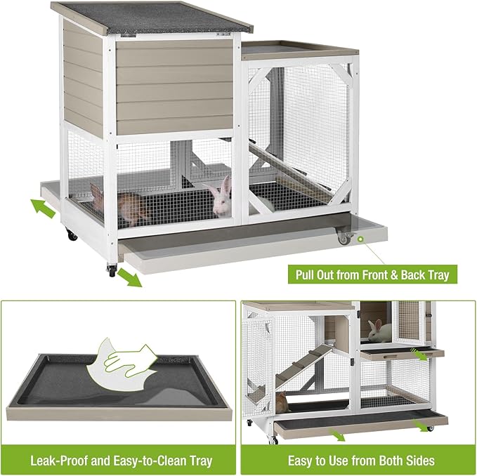 GUTINNEEN 2-Story Rabbit Hutch with Chew-Proof Ramp & Pull-Out Trays - Indoor/Outdoor 39.3" Wooden Rabbit Cage on Wheels for Rabbits, Guinea Pigs (Light Brown)-Mewly Pet