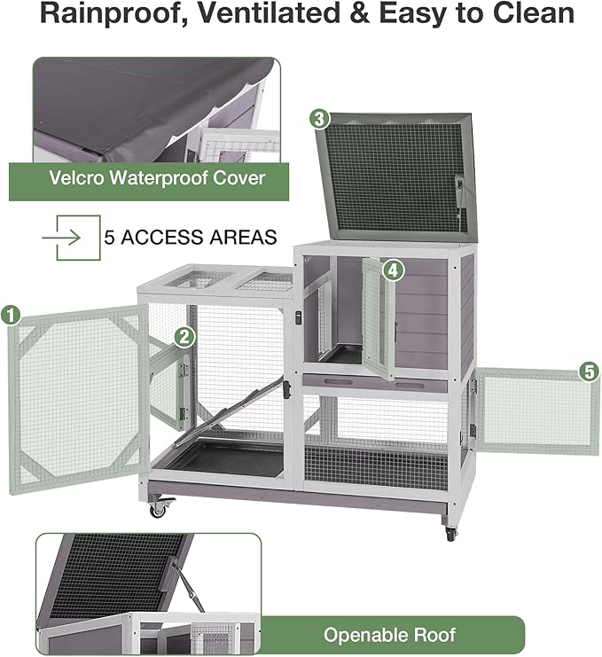 Rabbit Hutch 2-Story Wooden Bunny Cage with 2 Leak-Proof Sliding Trays, Chew-Proof Metal Mesh, Rainproof Cover, Indoor & Outdoor Guinea Pig House with Wheels - Grey-Mewly Pet