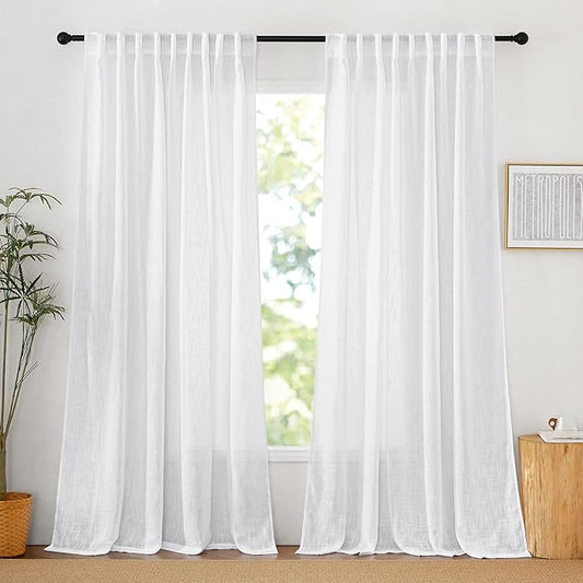 RYB HOME White Curtains & Drapes - Linen Textured Semi Sheer Curtains Privacy Panels for Living Room Bedroom Dining Patio Door Large Window Decor, W 70 x L 108, 2 Pcs