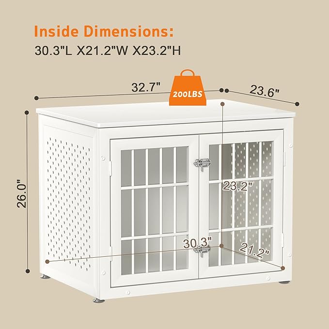 32" Heavy Duty Dog Crate Furniture for Small and Medium Dogs, Metal Kennel for High Anxiety Dogs, Chew Proof Pet Cage Indoor, Decorative Dog Kennel End Table, White-Mewly Pet