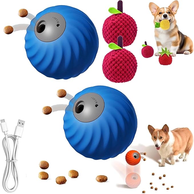 Zoomie Buddy 2.0, Zoomie Buddy for Dogs, 2 in 1 Smart Touch Interactive Dog Balls ＆ Pet Feeder, 2.83" Diameter, Suitable for Small/Medium Dogs, with Fruit Plush Cover (2*Blue, Bayberry)-Mewly Pet