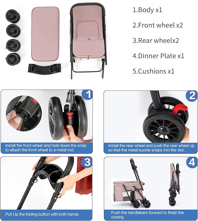 Pet Stroller Cat Dog Stroller Travel Folding Pet Carriers（Pink）-Mewly Pet