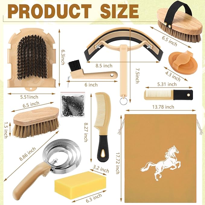 Abbylike 12 Pieces Horse Grooming Kit Racing Festival Tack Room Supplies Horse Brush Sets Equine Care Cleaning Kit Shedding Grooming Massaging Tools(Khaki)-Mewly Pet