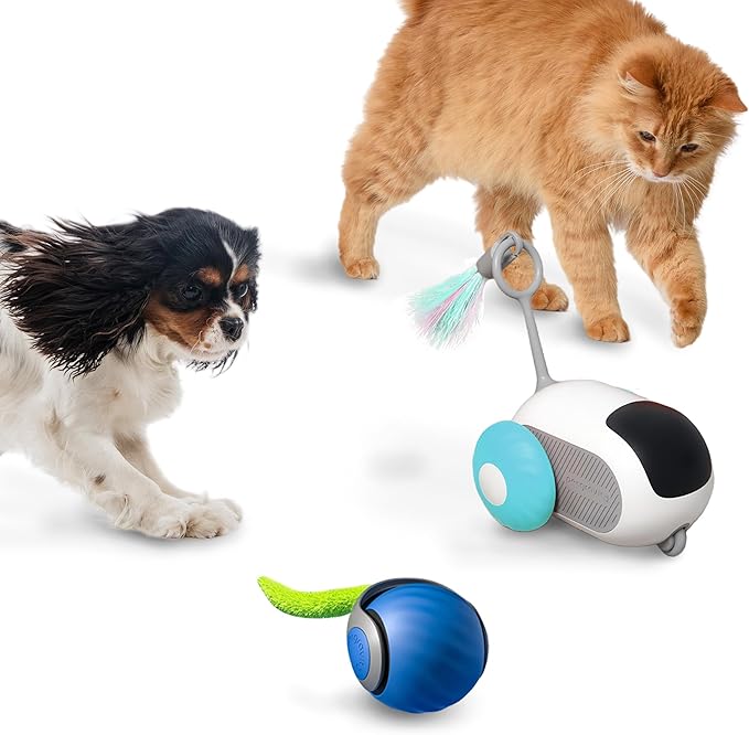 1pc Interactive Automatic Remote Control Cat Mice Car Toy and 1pc Smart Electric Moving Speedy Cat Ball Toy with Feather Tail, Suitable for Dogs, Keep Busy, Stimulating, Rechargeable (Blue)-Mewly Pet