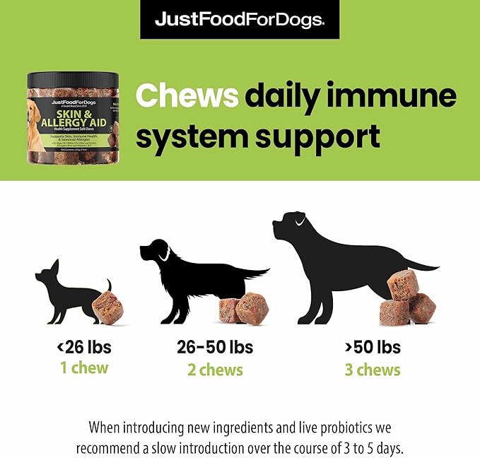 JustFoodForDogs Skin & Allergy Care Soft Chews Supplement for Dogs, Seasonal Allergies, Itchy Skin Relief, Inflammation, Immune Support - 45 Count-Mewly Pet