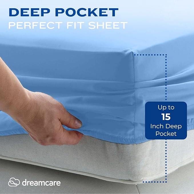 DREAMCARE Queen Size Sheets - Cooling Bed Sheets - 4pcs Set - up to 15" Deep Pocket Queen Sheet Set - Sheets Queen Size Bed - Soft & Long Lasting 100% Fine Brushed Polyester with Side Pocket - Lblue