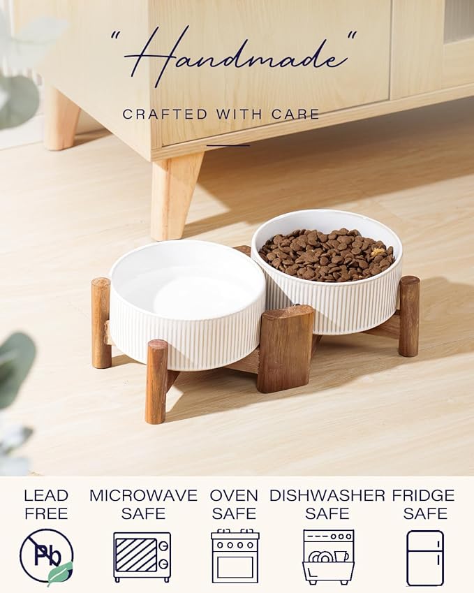 Getstar Ceramic Dog Bowls with Acacia Wood Stand, 30 fl oz, Set of 2, Dog Food Bowl, Cat Bowls (6.5 inches) (Vintage White)-Mewly Pet