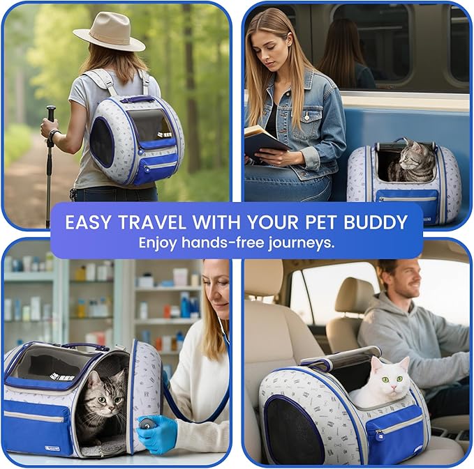 Cat and Dog Backpack Carrier, Foldable Breathable Pet Carrier Backpack with Mesh Ventilation, Large Portable Outing Traveling Pet Bag for Small, Medium Cats, Small Dogs, Blue-Mewly Pet