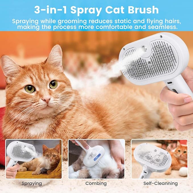 Pet Steam Brush for Dog & Cat – 3-in-1 Spray Hair Removal Comb – Steam Brush for Shedding & Grooming – Water for Long & Short Haired Pets – Spritz Defur Comb (White)-Mewly Pet