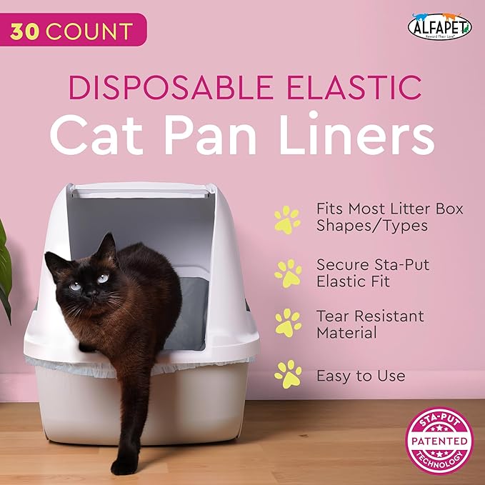 Alfapet Elastic Cat Litter Box Liners - Extra Giant 30 Count - Tear-Resistant Cat Litter Bags - Waterproof Kitty Litter Liners - Fits Litter box Pan Sizes XL, Giant, X-Giant, 37" x 18", 20 lb Capacity-Mewly Pet