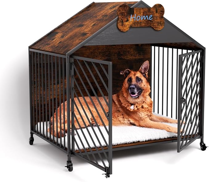 Heavy Duty Dog Crate Furniture for Large Breed - 39.4" Chew-Proof Kennel with Gable Roof, Double Door Escape-Proof Indoor Dog Cage, Rustic Brown-Mewly Pet