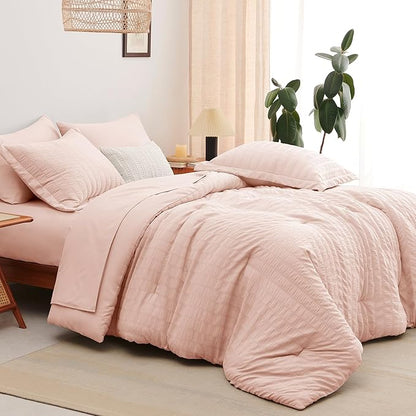 CozyLux Full Size Comforter Sets with Sheets Seersucker 7 Pieces Blush Pink Bed in a Bag Textured Luxury Soft Bedding Set with Down Alternative Comforter, Sheets, Pillowcases & Shams for All Seasons