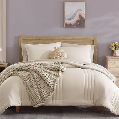 Monbix Oversized Queen Comforter Set - 7 Pieces Apricot Beige Bed in a Bag Queen Bedding Sets with Comforters, All Seasons Down Alternative Comforter Bed Set with Sheets,Pillowcases & Shams