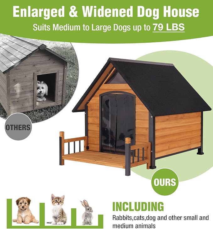 Large Dog House Outdoor Weatherproof with Porch, All-Metal Frame Chew-Proof Dog Kennel with Asphalt Roof, for Small Medium Large Dogs-Mewly Pet
