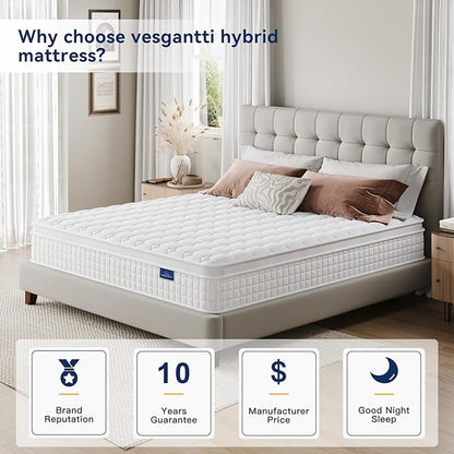 Vesgantti 12 Inch Multilayer Hybrid Queen Mattress - Multiple Sizes & Styles Available, Ergonomic Design with Memory Foam and Pocket Spring, Medium Firm Feel, White