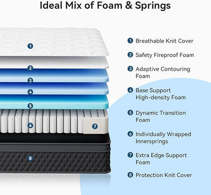 ELEMUSE Twin XL Mattress, 10 Inch Hybrid Memory Foam Mattress in a Box, Pressure Relieving Comfort, Individual Pocket Springs for Motion Isolation, Medium Firm, CertiPUR-US Certified, Fiberglass Free