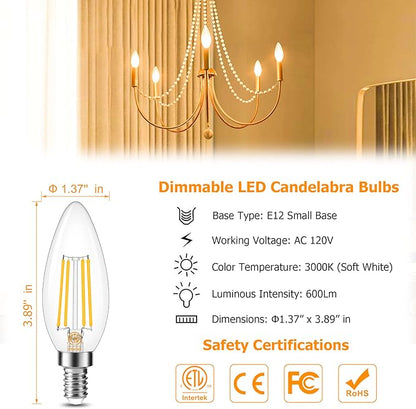 Cotanic Dimmable Candelabra LED Bulb 3000K Soft White,E12 Base Ceiling Fan Light Bulb 60W Equivalent, B11 LED Candle Shape with Clear Glass,C35 Filament Chandelier Light Bulb,600LM,8 Pack