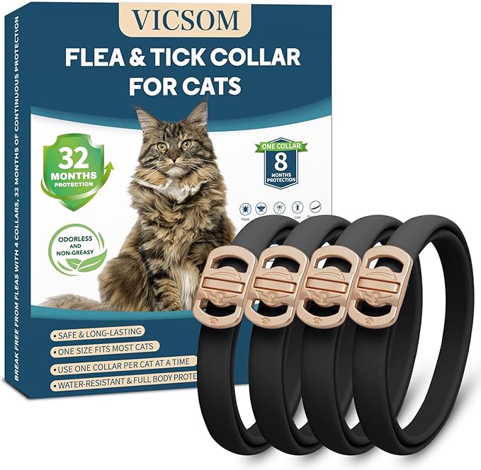 Flea and Tick Collar for Cats - 4 Pack, 32 Month Protection Treatment, Waterproof, Natural Prevention, Adjustable for Cats & Kittens (Black)-Mewly Pet