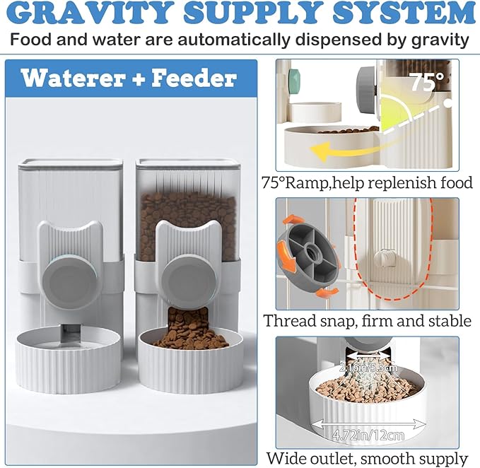 kathson Rabbit Gravity Auto Feeder Set 35oz Hanging Automatic Food Water Dispenser Cage Automatic Feeder Set for Rabbit Chinchilla Guinea Pig Hedgehog Ferret Kitty Puppy (Grey)-Mewly Pet