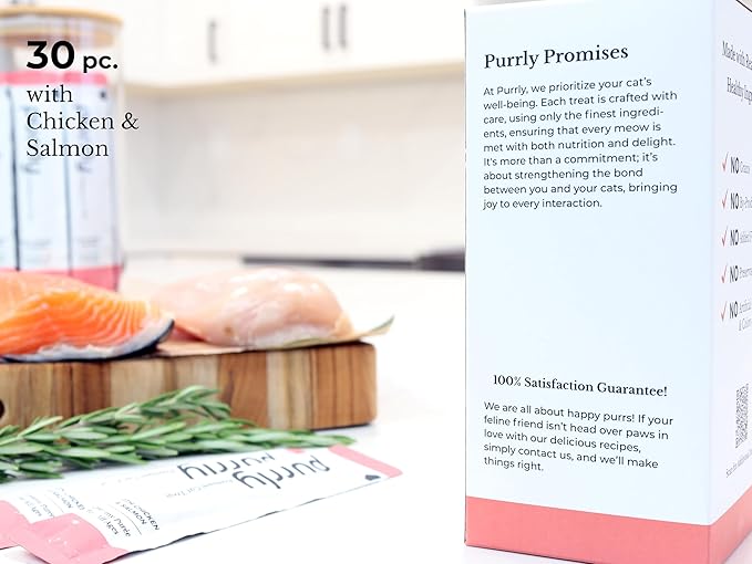 Purrly Hydrating Wet Cat Treat Snack Topper Creamy Purée Human-Grade Chicken Breast & Salmon with Omega-3 & 6 for Skin & Coat (30 Count) Healthy Lickable Squeeze Soft Snack-Mewly Pet