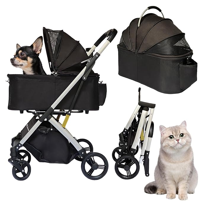 Pet Stroller for Small & Medium Dogs Cats up to 55 lbs 4-in-1 Foldable Travel Pet Stroller with Detachable Carrier Lightweight All-Terrain Spring Damping,Car Seat,Sun Canopy,Black-Mewly Pet