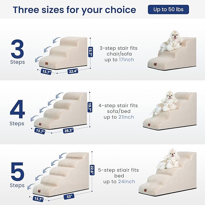 GoGoBunny Waterproof High Density Foam Curved Dog Stairs for High Beds Couches 19.7" H, 4-Step Ramp Dog Steps Friendly to Small Medium Dogs or Pets Joints, Non-Slip Balanced Durable Pet Step, Beige-Mewly Pet