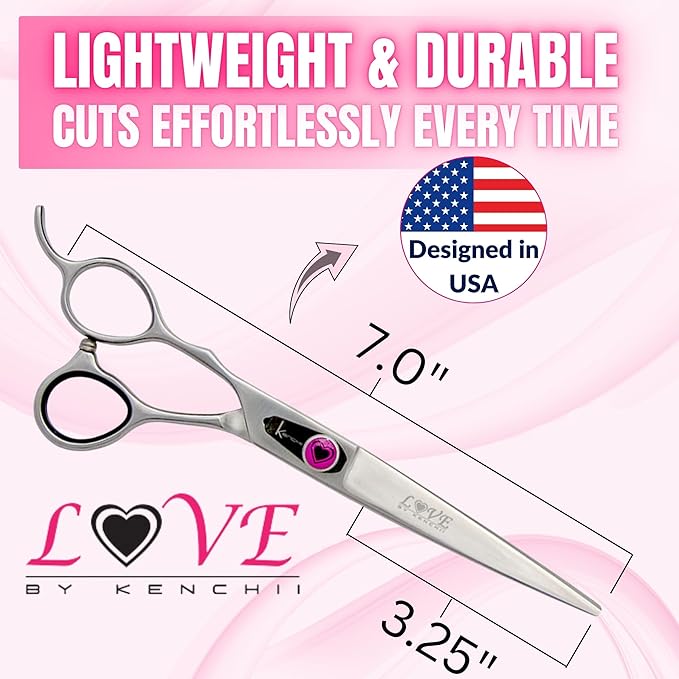 Kenchii Love Left Handed Dog Grooming Scissors, 7 Inch Straight Shears, Dog Scissors for Grooming, Professional Pet Grooming Scissors, Ergonomic & Comfortable-Mewly Pet
