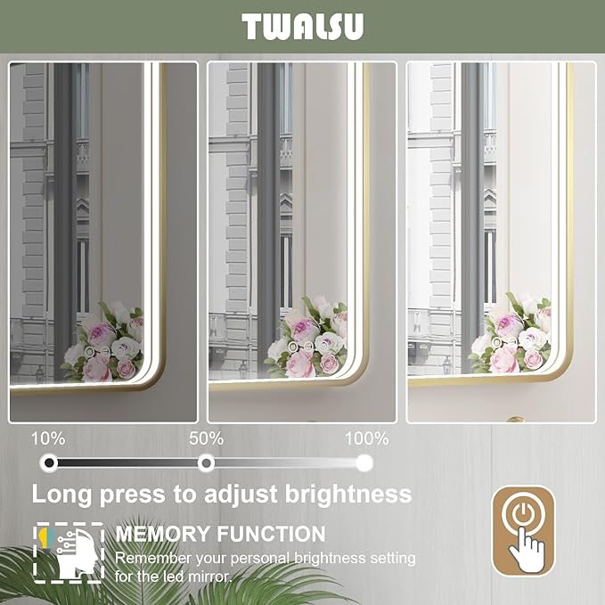 55x32 Inch LED Bathroom Mirror with Lights, Gold Metal Framed LED Mirror for Bathroom, 3 Colors and Stepless Dimmable Wall Mounted Lighted Bathroom Vanity Mirror, Anti-Fog, Memory